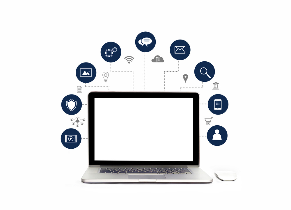 Digital marketing. laptop computer with white screen blank and virtual icon digital marketing network connection on white background. Social media and business technology. Digital transformation and management.